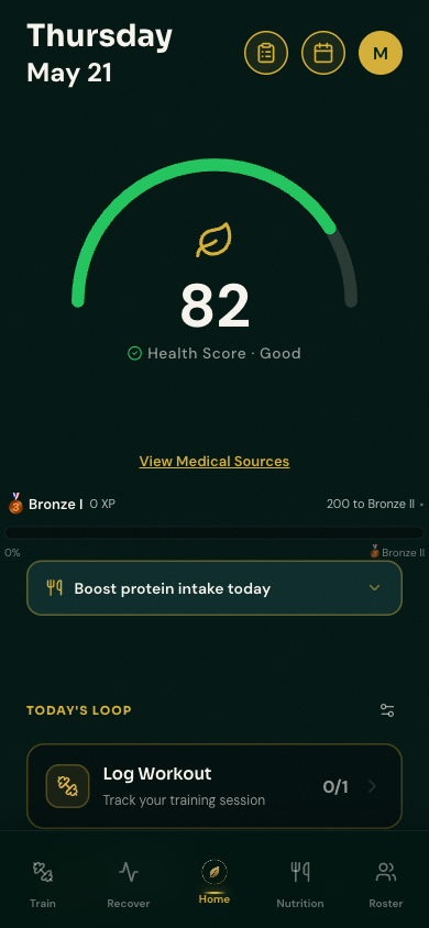 AuraLeaf dashboard showing a health score of 82 for a college soccer midfielder.