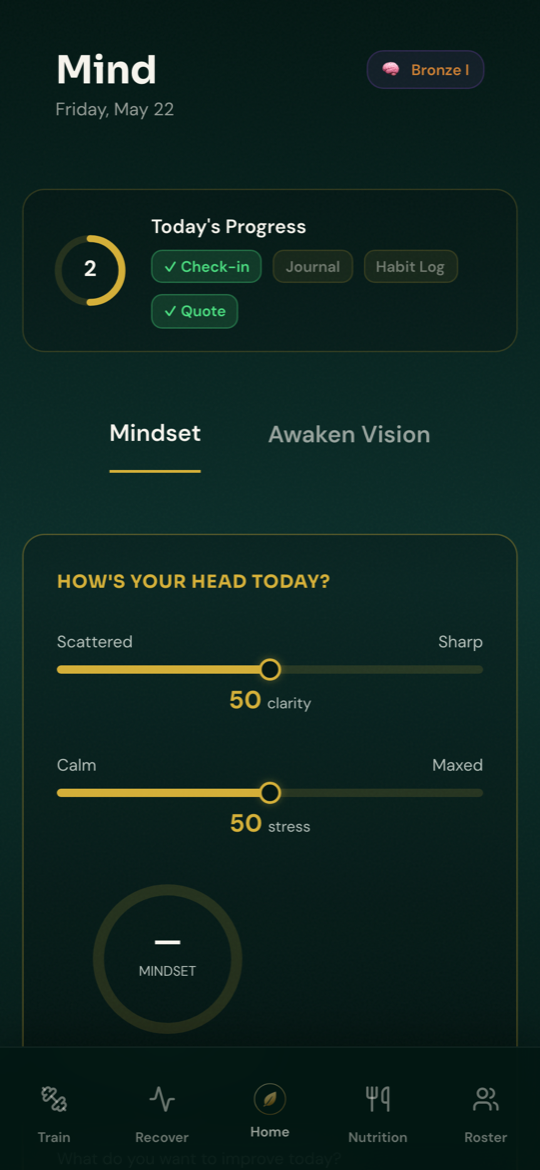 AuraLeaf Mind tab showing mindset check-in and score.