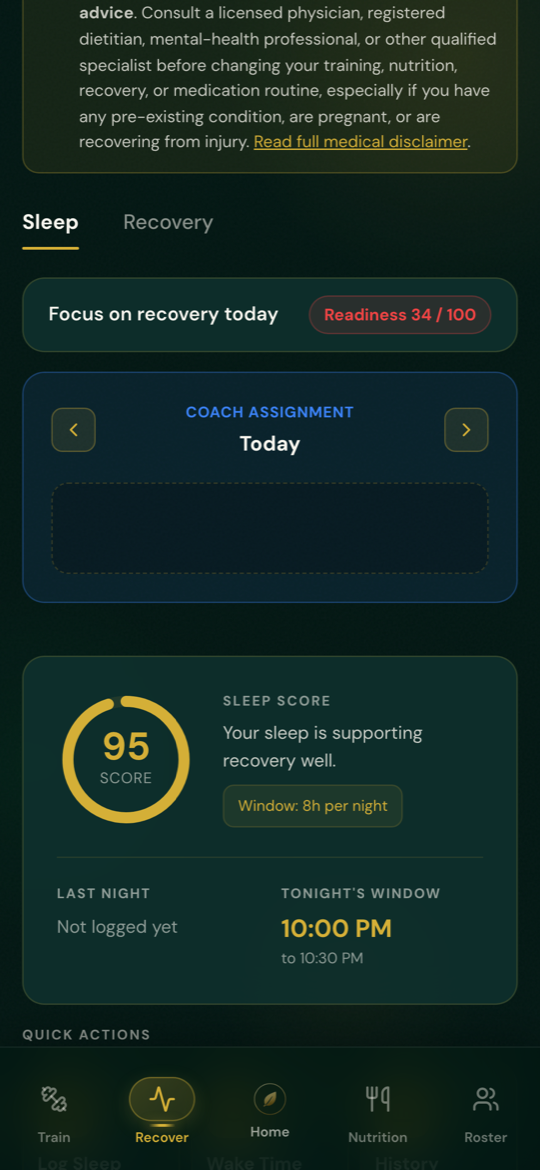 AuraLeaf Recovery tab showing sleep score and readiness state.