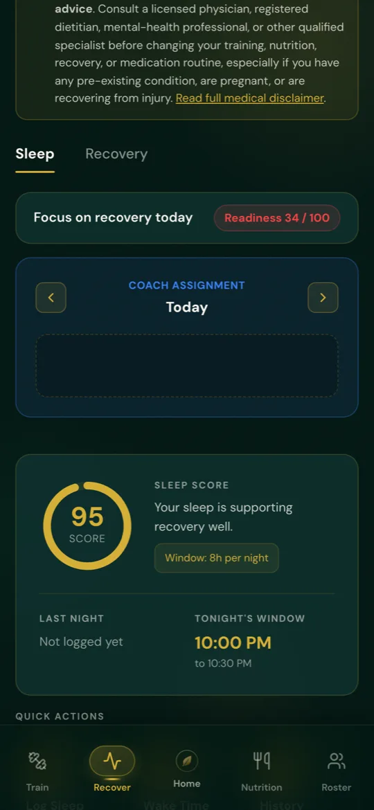 AuraLeaf Recovery tab showing sleep score and readiness state.
